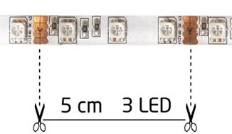 Deliteľnosť RGB 12V DC LED pásu je každé 3 LED, ktoré predstavujú 1 segment LED pásu, čo je úsek dlhý 5cm